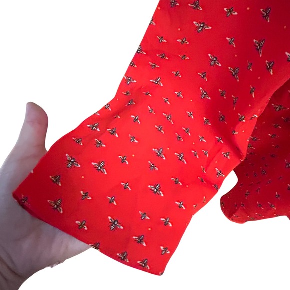 Libby Edelman Red Blouse Top Bee Print Long Sleeve Tassel Tie Front Small S - Picture 6 of 9